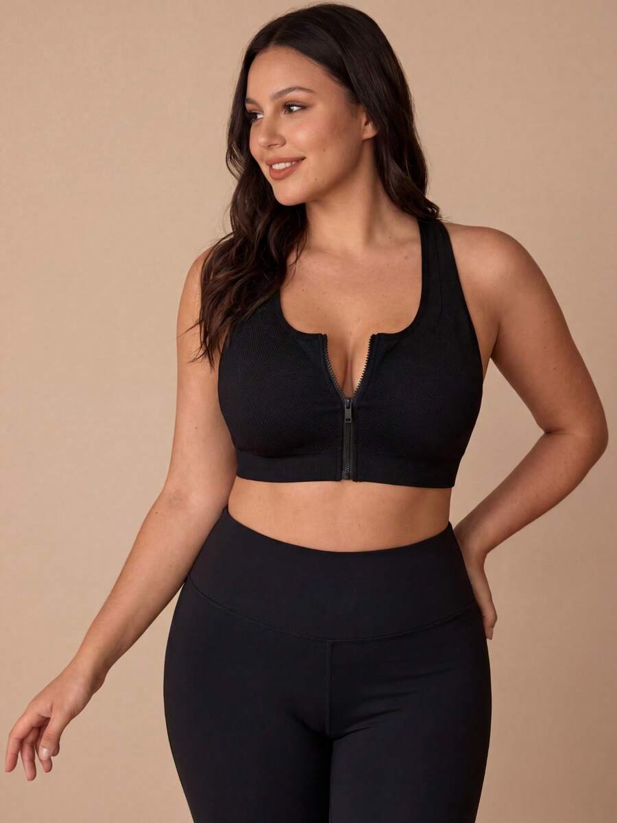 Eassivo Eassivo Plus Size Solid Color Sleeveless Sports Bra - Black - View 1