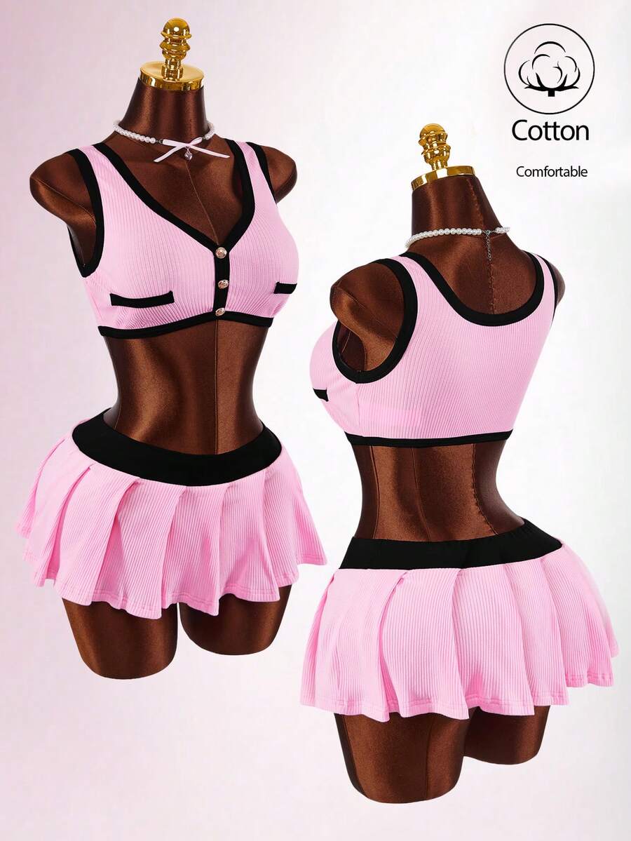 Women's Contrast Trim Sweetheart Neck Camisole And Mini Skirt Sexy 2 Pieces Set