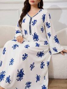 Al Najma 大码女式印花喇叭袖优雅阿拉伯风格连衣裙 - 彩色 - 查看 3