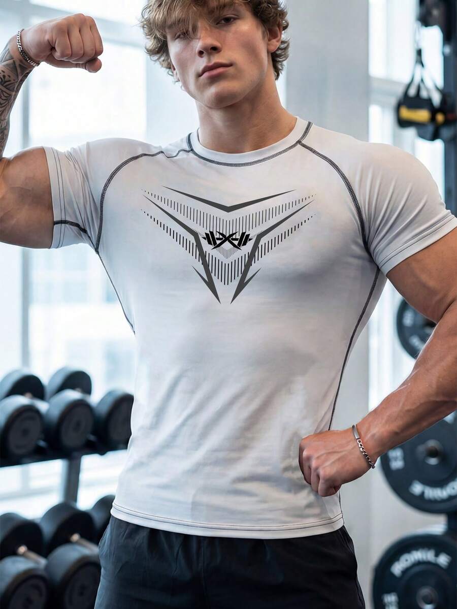GymBeat 男士夏季圖案印花對比縫線插肩袖短袖運動健身T恤,健身房 - 白色 - 查看 1