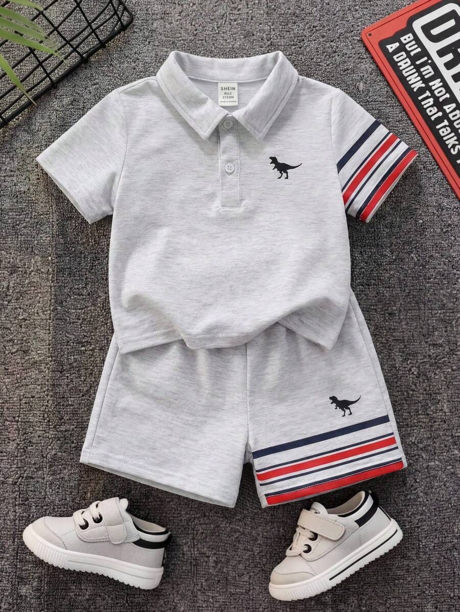 SHEIN 2 pièces/set Ensemble Top à col polo rayé et short pour bébé garçon, imprimé de dessin animé mignon d'été en tricot, tenue de sport décontractée - Multicolore - Voir 1