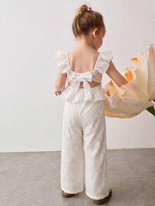 Maija Kids Young Girl Textured Jacquard Fabric Collared Ruffle Trim Top And Loose Wide Leg Pants 2 Pieces Set - White - View 4