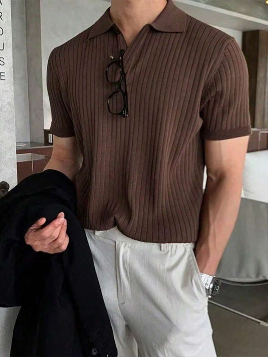 Manfinity Hypemode Men's Solid Color Rib-Knit Polo Shirt, Old Money Style - Coffee Brown - View 1