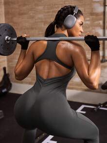 Powerista Quần liền thân nữ thời trang, đa năng, có khóa kéo, ôm sát, thích hợp cho chạy bộ và tập thể dục. - Màu xám đen - Xem 3