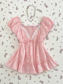 Elamini Áo kiểu nữ mùa hè kẻ caro jacquard cổ chữ V sâu, xếp nếp, dáng chữ A, hở lưng, phong cách thường ngày. - Hồng - Xem 1