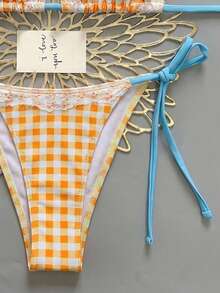 Bộ bikini kẻ caro mới dành cho nữ, kiểu cổ yếm buộc dây, tương tự như bộ bikini 2 mảnh đi biển. - Nhiều màu - Xem 5