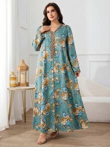 Al Najma 大码女式印花V领阿拉伯风格连衣裙 - 綠色 - 查看 6