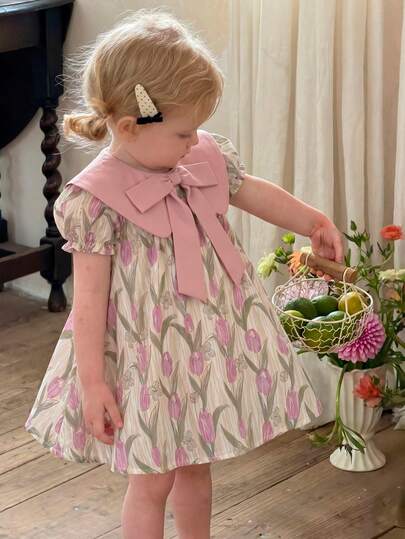LMoss Kids Baby Girl Summer Casual Floral Print Dress With Bow Decor