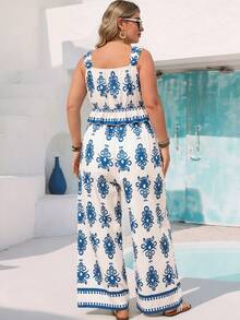 Vivid Eden Plus Size Summer Vacation Outfits, White 2 Pieces Set, Blue 2 Pieces Set, Camisole & Pants 2 Pieces Set, Blue Print, Plus Size 2 Pieces Set - Blue and White - View 9