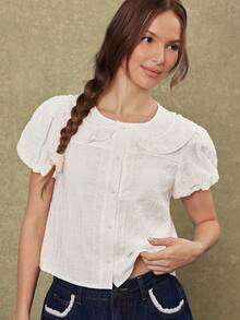 WESTFADE Ruffle Collar Short Puff Sleeve White Textured Woven & Lace Button Up Shirt, Country Style For Women, Female Country Look - White - View 3