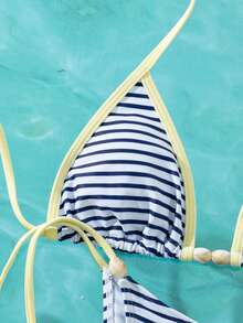 Swim Mod 2026 Spring/Summer New Fashionable Striped Print Sexy Backless Women's Halter Bikini Two Pieces Swimsuit Set - Blue and White - View 4