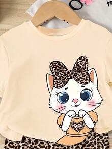 Summer Baby Girl Casual Multi-Piece Set, Brown & Apricot Leopard Print Cartoon Rabbit Pattern, Round Neck Short Sleeve T-Shirt & Shorts - Multicolor - View 3