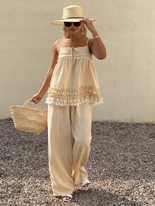 DAZY Women's Vacation Casual Lace Trim Ruffle Strap Wide Leg Pants 2 Pieces Set - Khaki - View 3