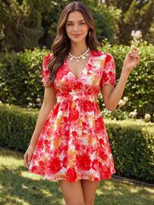 KARISMINA Vestido elegante de vacaciones con estampado floral y mangas de pétalos para mujer - Multicolor - Ver 9