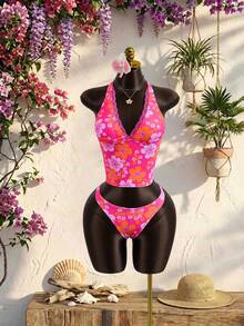 Zestiva Women's 3-Piece Swimsuit Set For Summer Beach Vacation, Lace Trim Halter Tankini Top With Tie Waist And Multi-Layered Ruffle Skirt - Multicolor - View 6