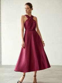 MOTF PREMIUM WOMEN'S SUMMER CROSSOVER NECK WAIST CINCHED PARTY EVENING DRESS, FOR DAILY WEAR - Red Violet - View 5