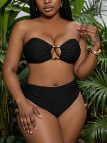 Slaydiva Plus Size Women Casual Swimwear Set With Drawstring Shorts, Suitable For Holiday - Black - View 3