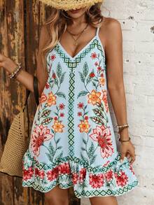 Swim Vcay Đầm đi biển nữ kiểu Bohemian in họa tiết chắp vá, vạt áo xếp ly bất đối xứng, dây đeo có thể điều chỉnh, thích hợp cho mùa hè. - Màu xanh nhạt - Xem 6