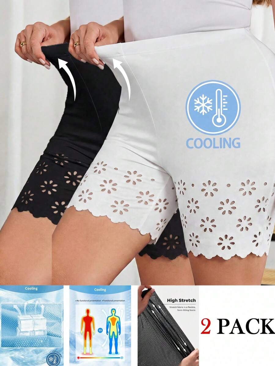 SHEIN Clasi Bộ 2 quần legging nữ cỡ lớn, kiểu dáng thanh lịch và đa năng, màu đen trắng, quần short bảo hộ thoải mái để mặc hàng ngày.