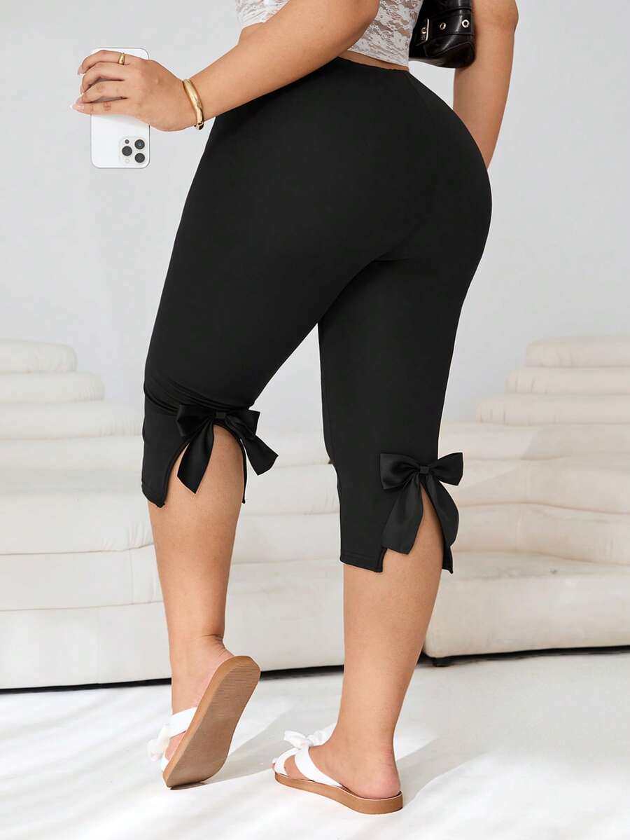 SHEIN EZwear Quần lửng nữ cỡ lớn màu đen kiểu dáng thường ngày, có nơ trang trí. - màu đen - Xem 1