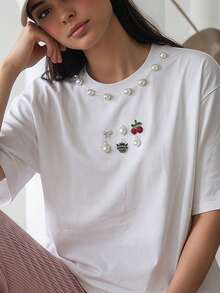 Solavon Women's Casual Cute Elegant Solid Color Cherry Bow Decor Round Neck Short Sleeve T-Shirt Everyday White Summer - White - View 2