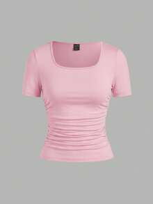 SHEIN EZwear 4件/組休閒簡約純色舒適方領套頭短袖大尺碼女款T恤，適合春夏季 - 彩色 - 查看 5