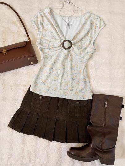 INAWLY Women's V-Neck Allover Print Pleated Casual Versatile Daily Wear Top