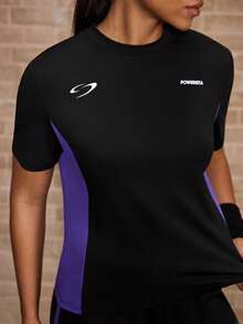 Powerista Women's Summer&Spring Fitness Sportswear Black And Purple Contrast Color Print Breathable Fabric Fit Football Sports Short Sleeves - Black - View 7