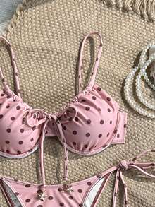 Swim Mod 2 pezzi/set Top con spalline sottili e ferretto, con nodo frontale e nodo laterale, abbinato a slip da bagno, bikini estivo carino da donna per la spiaggia - Rosa - Visualizzare 5