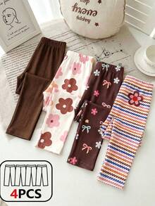 Souflis Souflis 4pcs Girls Soft Leggings,Cute Brown Polka,Floral,Bow,Striped Pattern Pants,Versatile Casual All-Match Summer Wear For Spring/Summer All Seasons - Multicolor - View 5