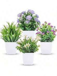 1/4 Pcs Mini Artificial Green Potted Plants, Fake Floral Decorations, Spring Table Decor For Home Office, Ideal Ornament Gift For Women Girls On Mother's Day Valentine's Day - Green - View 8
