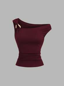 Sweetra 2pcs/Set Asymmetric Collar Fitted T-Shirt, Versatile Casual Top, Spring/Summer - Multicolor - View 4