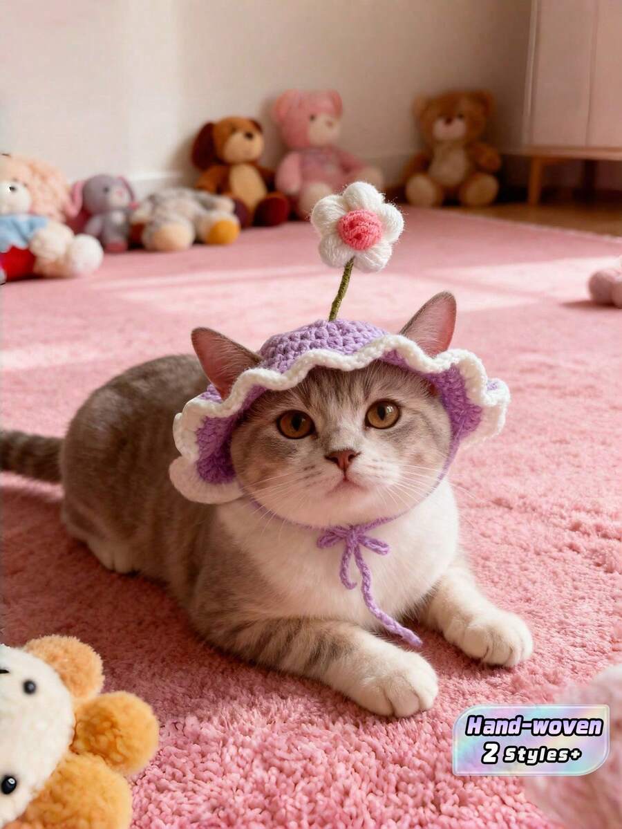 1件装青蛙针织宠物帽，可爱卡通猫咪帽，适合小型犬猫，手工针织头饰，舒适时尚宠物配饰，柔软保暖，冬季拍照、服装派对、圣诞节、万圣节装扮，时尚可爱小狗小猫服装，宠物爱好者的理想礼物 - 紫色 - 查看 1