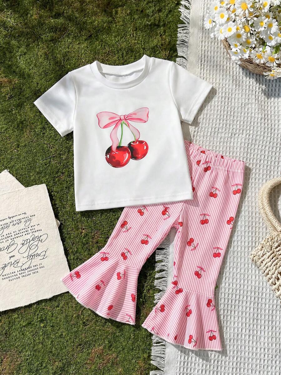SHEIN Vintaside Kids 女婴夏季圆领短袖印花简约时尚T恤搭配百搭休闲裤套装，适合日常休闲、海滩玩耍或公园散步。