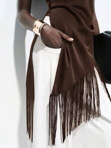 Lumivelle Women Summer Elegant Black Satin Blouse,Draped Neck,High Slit,Tassel Patchwork Vintage Top,Evening Autumn,Dark Brown, Party Wedding Wear - Brown - View 1