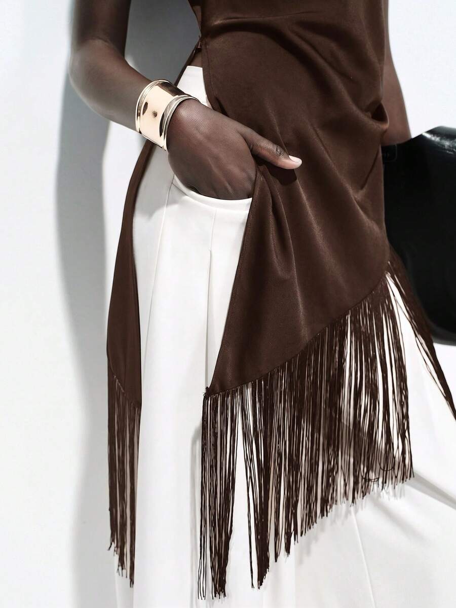 Lumivelle Women Summer Elegant Black Satin Blouse,Draped Neck,High Slit,Tassel Patchwork Vintage Top,Evening Autumn,Dark Brown, Party Wedding Wear - Brown - View 1