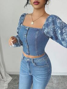 Elenzga Set de 2 piezas de conjunto de mujer de estilo denim, blusa de manga larga con hombros descubiertos y pantalones de cintura alta - Lavado ligero - Ver 7