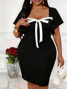Villa Velisse Plus Size Color Block Bow Decor Square Neck Short Sleeve Fitted Fashion Dress Gym Brown Summer - Black - View 7