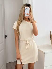 Easowa Women's Solid Color Minimalist Daily Wear Asymmetrical Shoulder Short Dress Summer Dresses For Women Festival Beach Casual Country Clothing - Apricot - View 4