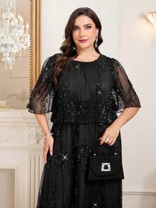 Reflora Đầm hè xếp ly hình học thanh lịch cỡ lớn bằng vải chiffon - màu đen - Xem 4