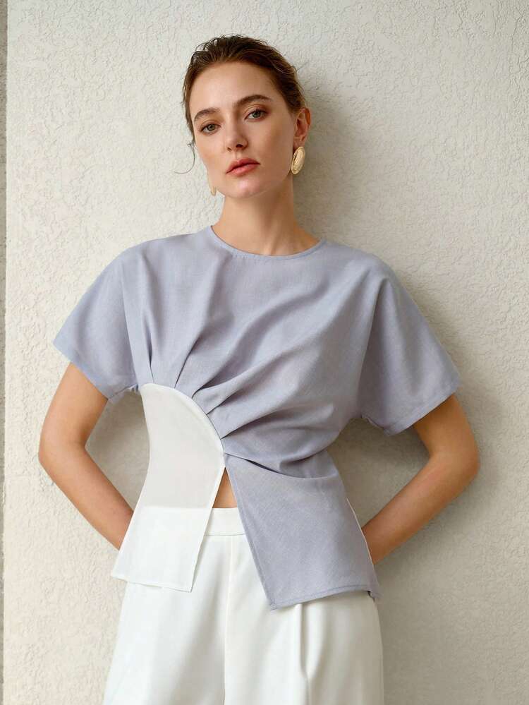 FRENCH GEOMETRIC PATCHWORK COLORBLOCK COMMUTER CHIC WAIST DESIGN TOP FOR WOMEN