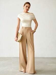 WOMEN'S SLEEVELESS SUMMER ASYMMETRICAL NECK FITTED ELEGANT T-SHIRT - Apricot - View 6