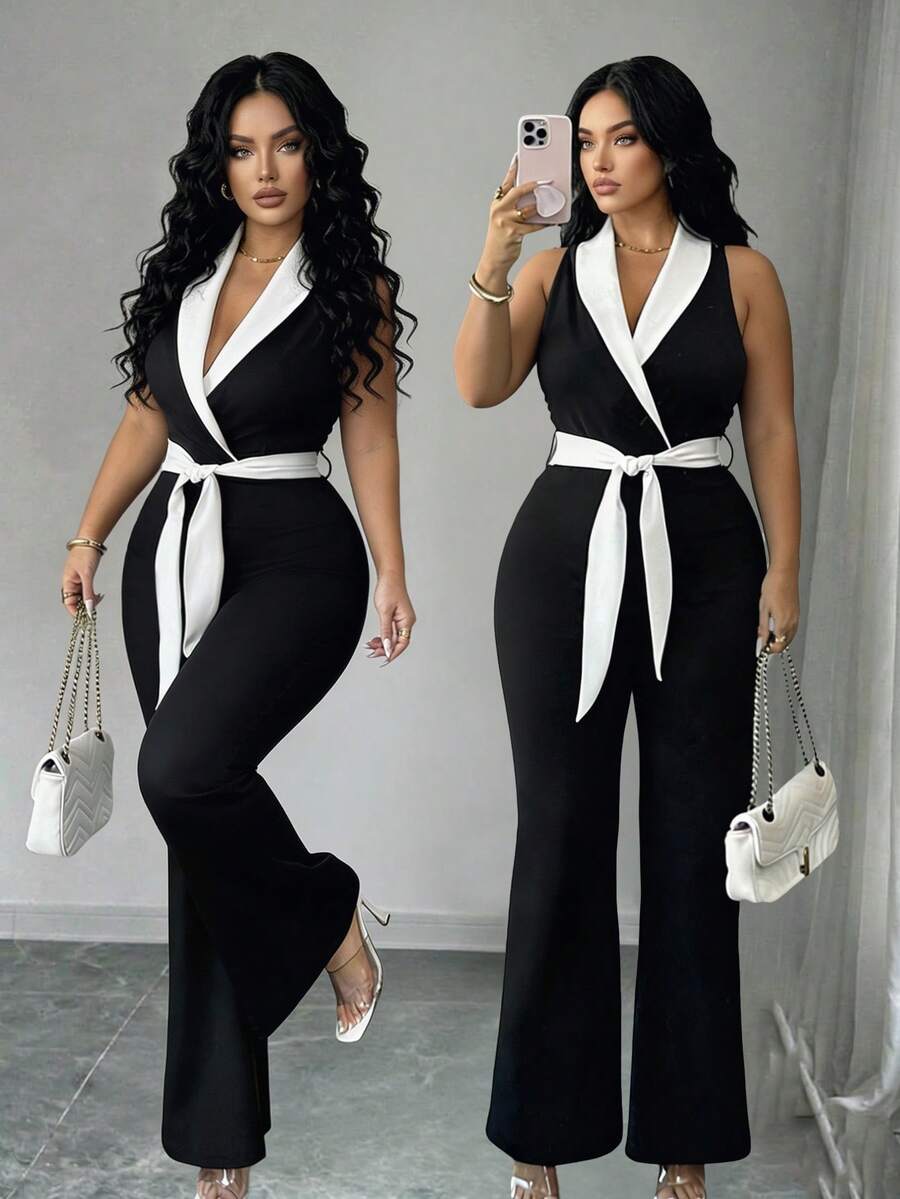 Elenzga Bộ jumpsuit xòe không tay cổ bẻ phối màu thanh lịch dành cho nữ cỡ lớn - Đen và trắng - Xem 1