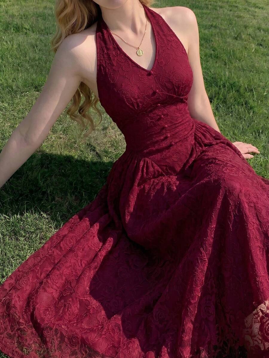Feyla Women's Elegant Lace Backless Tie-Knot Waist Dress, Suitable For Summer, Dates And Valentine's Day