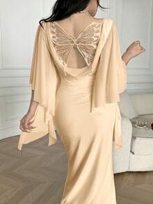 Feyla Damen Kleid mit Schmetterling Applikation, drapierter Ausschnitt, Glockenärmel, figurbetont, elegant - Aprikosenfarben - Übersicht 7