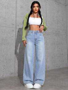 SHEIN ICON 女士口袋宽松阔腿休闲百搭牛仔裤 - 淺色水洗藍 - 查看 4