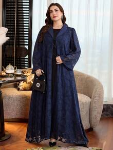 Al Najma Áo choàng Abaya Ả Rập dáng rộng, thắt eo, tay dài, cỡ lớn dành cho nữ - Màu xanh hải quân - Xem 4