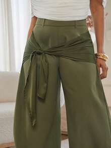 Vixey Solid Woven Barrel Leg Trousers With Self Tie Satin Waist Sash, Business Casual, Workwear, Polished, Tailored, Desk To Dinner, Power Dressing - Army Green - View 2