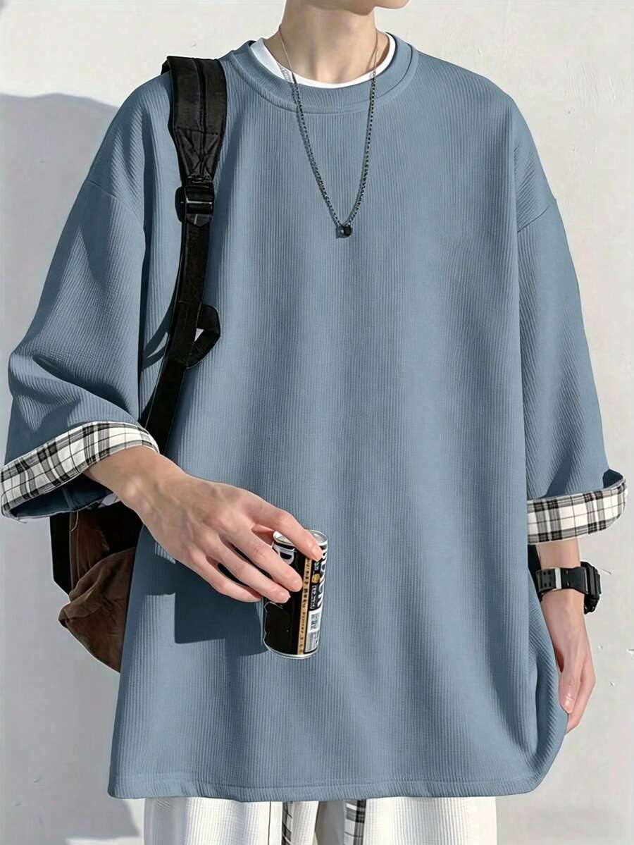 Manfinity Hypemode Plus Size Men's Casual Plaid Patchwork T-Shirt, Summer - Dusty Blue - View 1