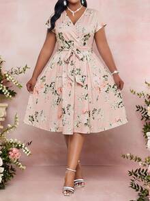 SHEIN Lady Plus Size Elegant Floral Print Party Dress, Summer - Pink - View 4
